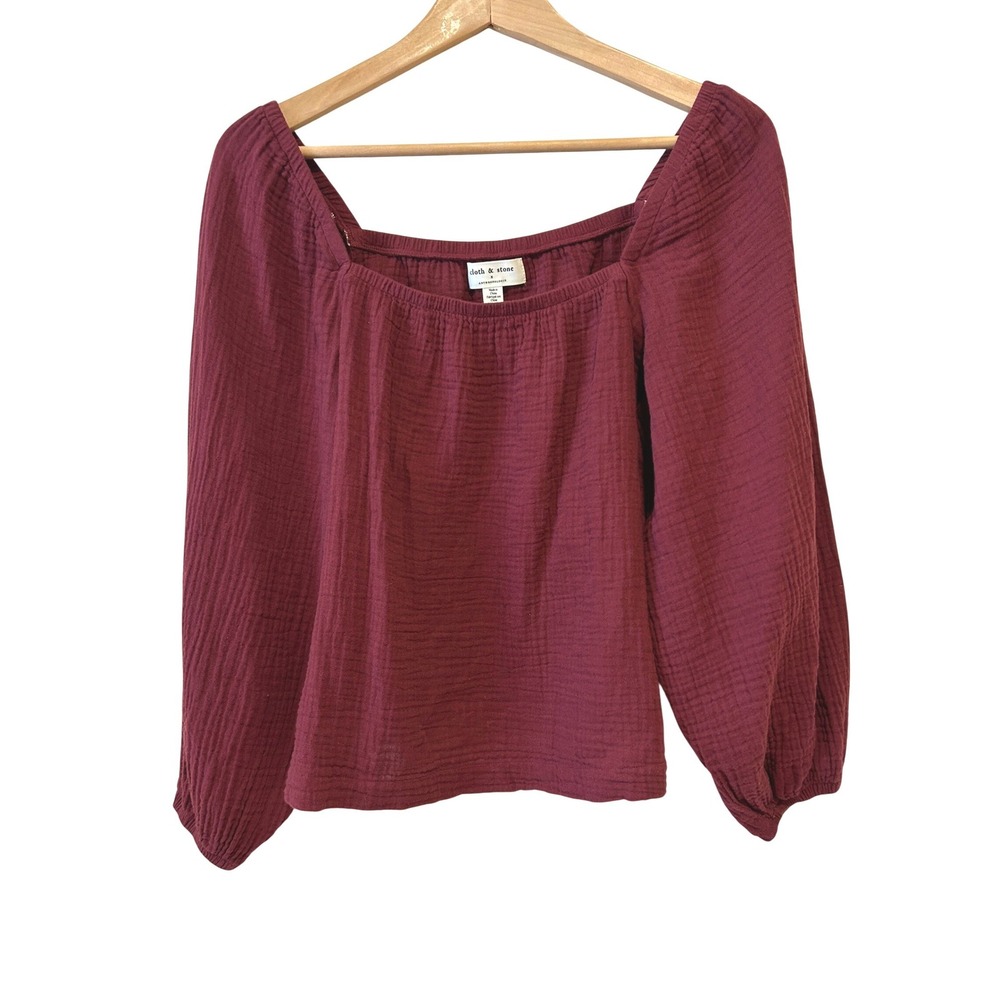 Cloth & Stone Top Sz XS Burgundy Cotton Gauze Square Neck Balloon Sleeve Preppy